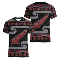 New Zealand Christmas Women V-Neck T-Shirt Meri Kirihimete Silver Fern Knit Style Red Color LT03 - Polynesian Pride