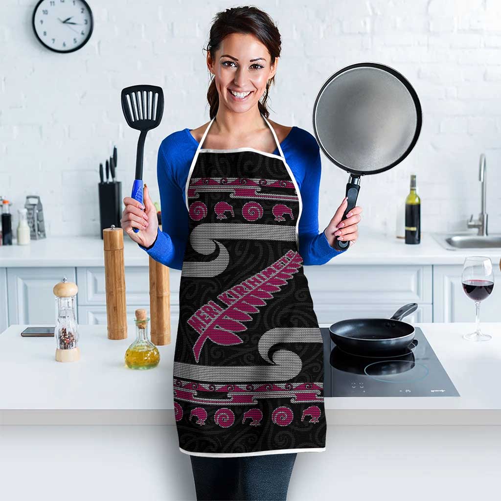 New Zealand Christmas Apron Meri Kirihimete Silver Fern Knit Style Pink Color - Polynesian Pride