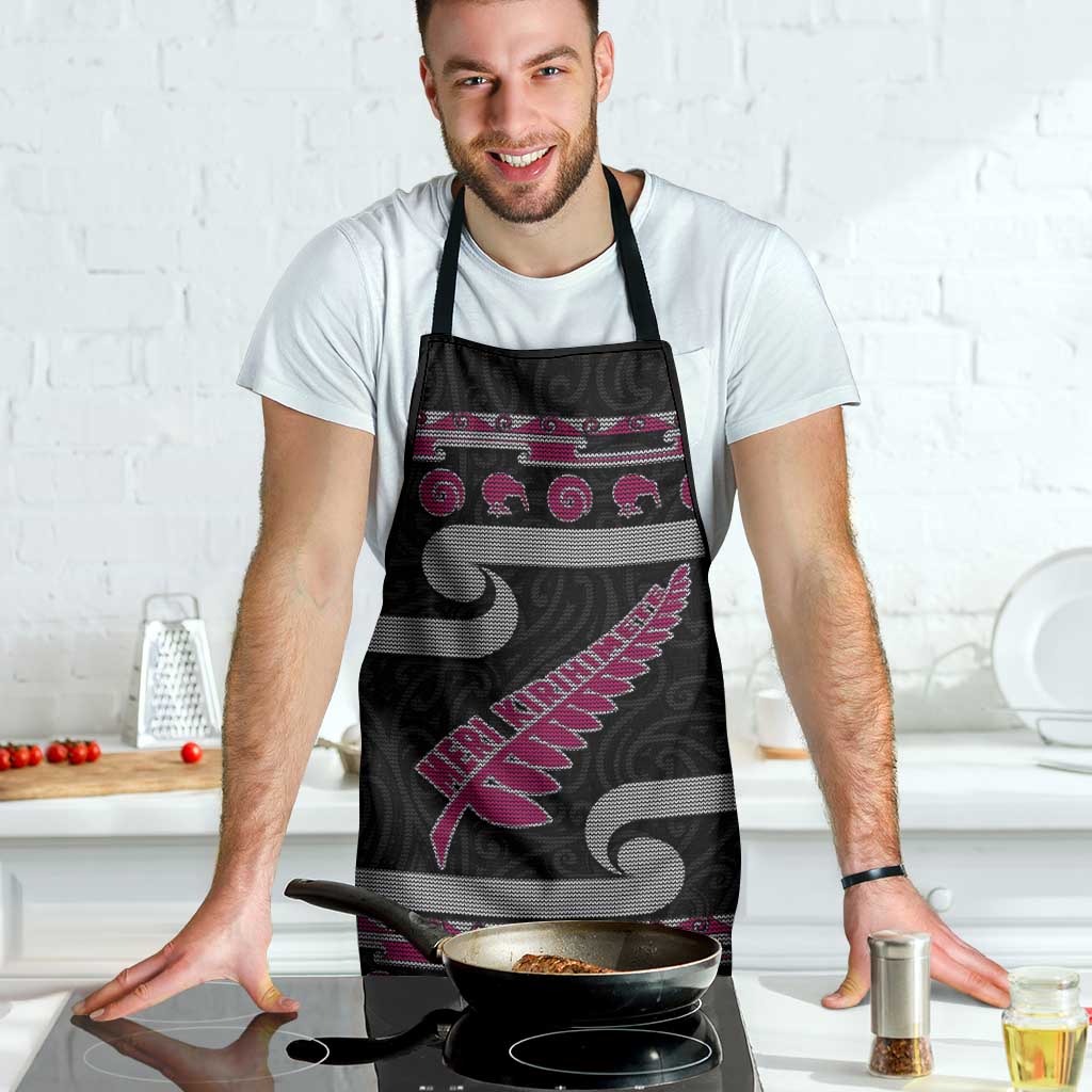 New Zealand Christmas Apron Meri Kirihimete Silver Fern Knit Style Pink Color - Polynesian Pride