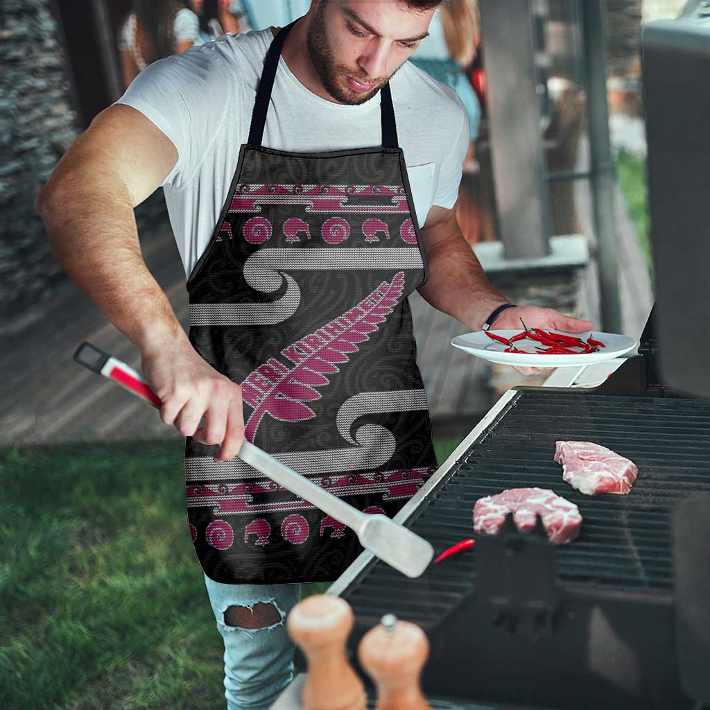 New Zealand Christmas Apron Meri Kirihimete Silver Fern Knit Style Pink Color - Polynesian Pride