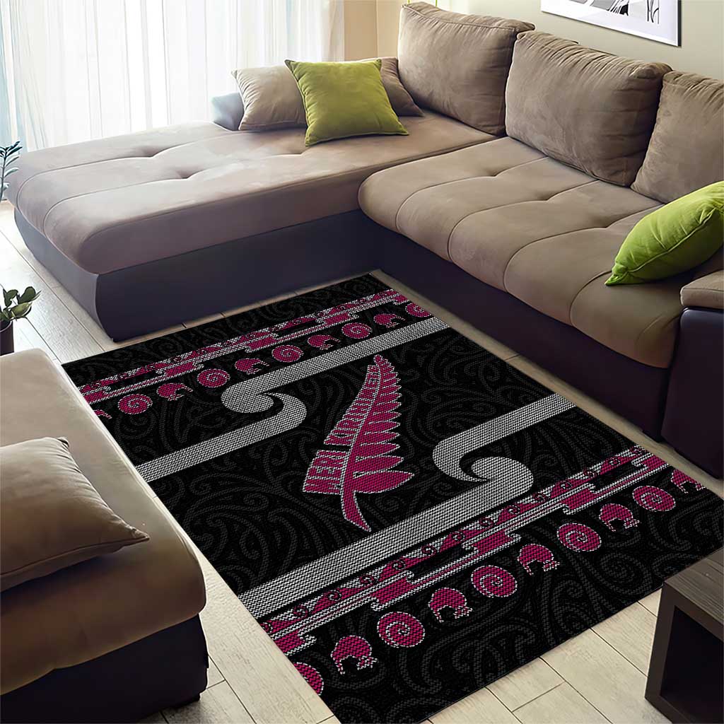 New Zealand Christmas Area Rug Meri Kirihimete Silver Fern Knit Style Pink Color LT03 - Polynesian Pride