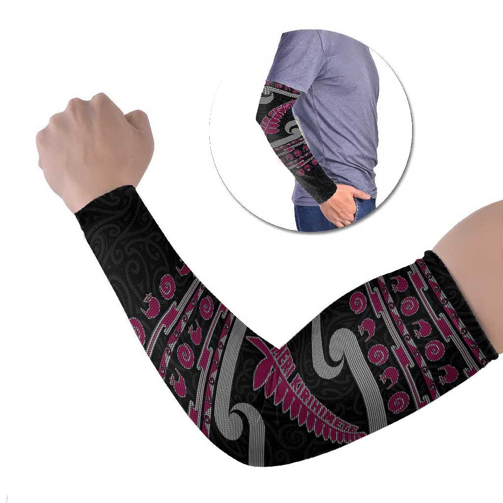 New Zealand Christmas Arm Sleeves Meri Kirihimete Silver Fern Knit Style Pink Color LT03 Set of 2 Pink - Polynesian Pride