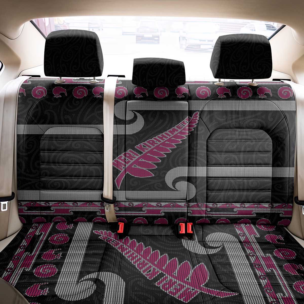 New Zealand Christmas Back Car Seat Cover Meri Kirihimete Silver Fern Knit Style Pink Color LT03 - Polynesian Pride