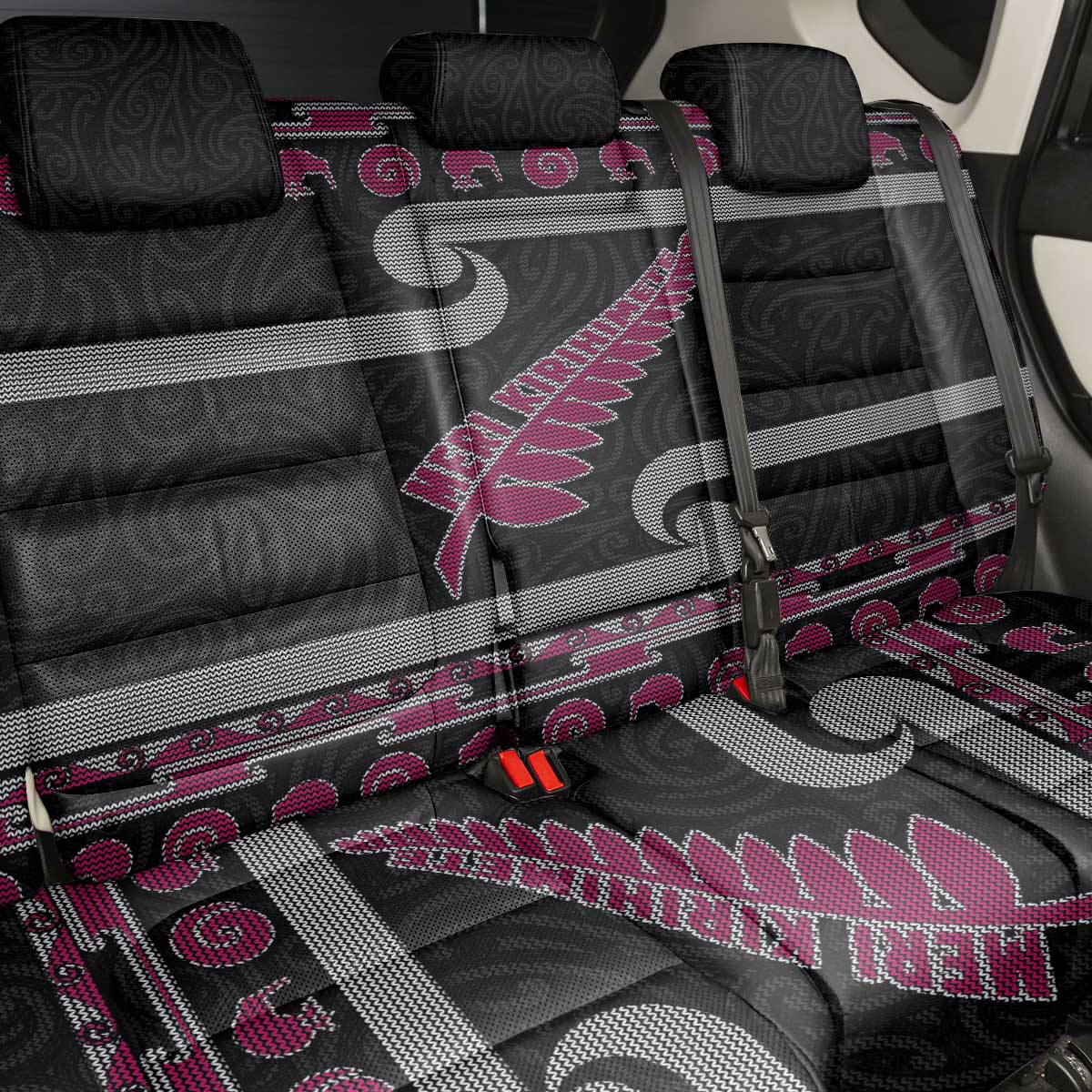 New Zealand Christmas Back Car Seat Cover Meri Kirihimete Silver Fern Knit Style Pink Color LT03 - Polynesian Pride