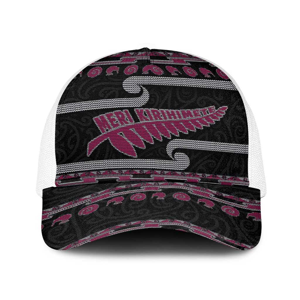 New Zealand Christmas Baseball Net Cap Meri Kirihimete Silver Fern Knit Style Pink Color - Polynesian Pride