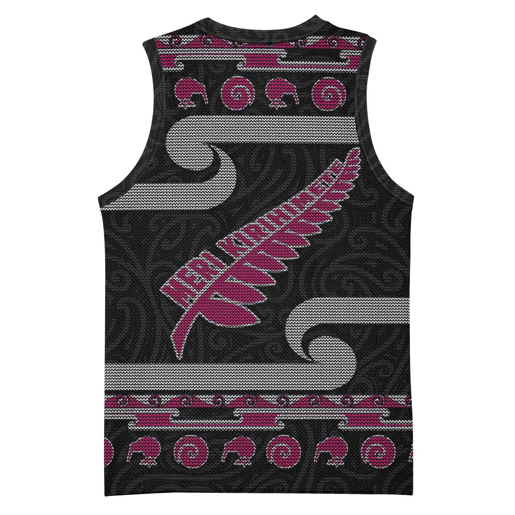 New Zealand Christmas Basketball Jersey Meri Kirihimete Silver Fern Knit Style Pink Color - Polynesian Pride