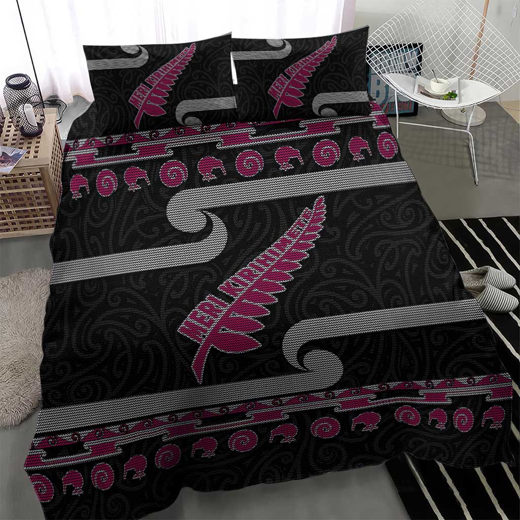 New Zealand Christmas Bedding Set Meri Kirihimete Silver Fern Knit Style Pink Color - Polynesian Pride