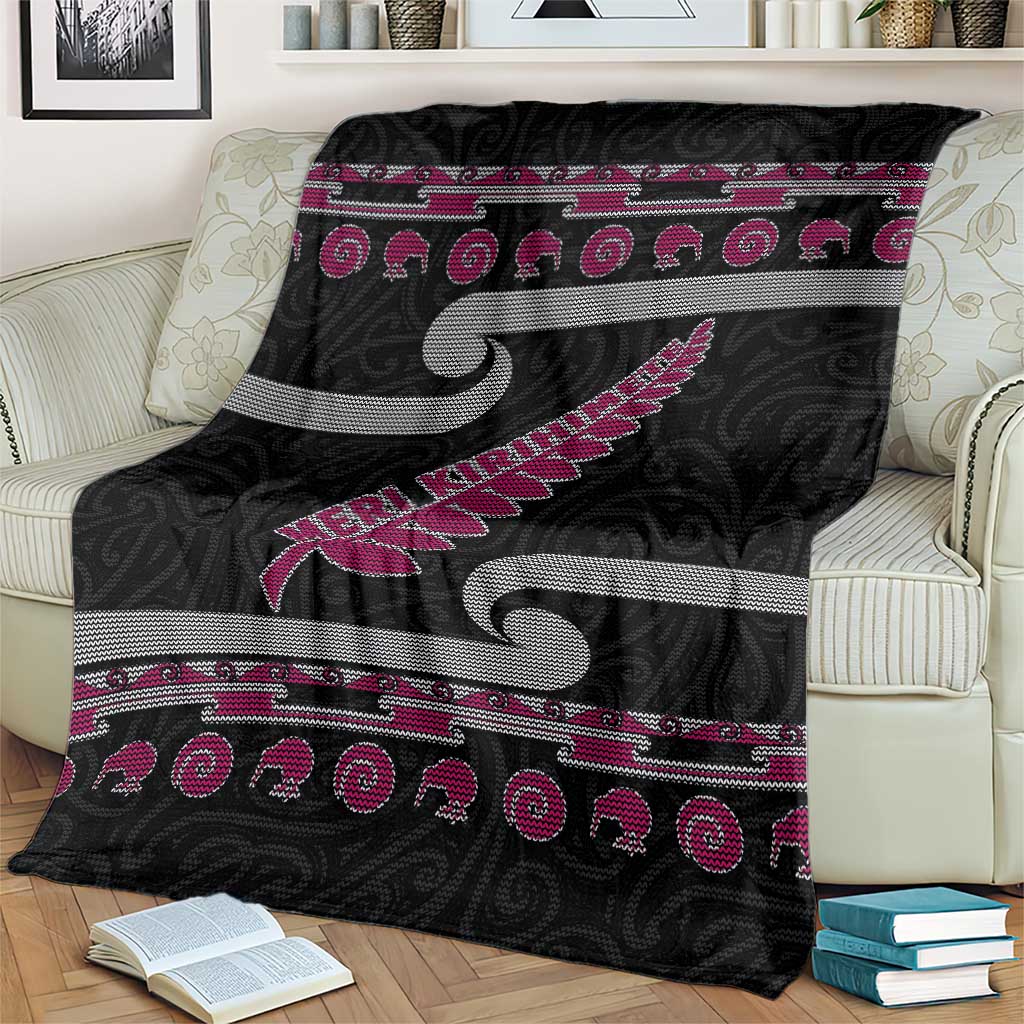 New Zealand Christmas Blanket Meri Kirihimete Silver Fern Knit Style Pink Color - Polynesian Pride