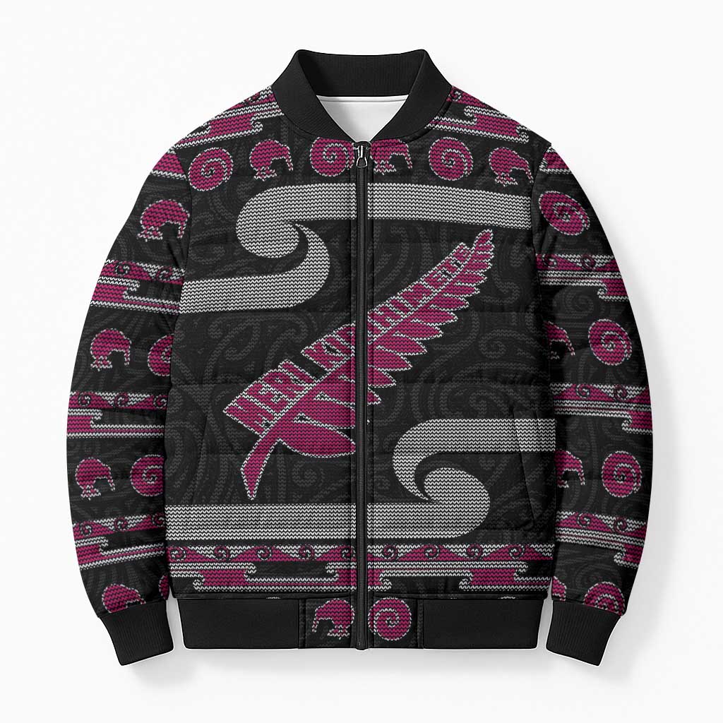 New Zealand Christmas Bomber Puffer Jacket Meri Kirihimete Silver Fern Knit Style Pink Color - Polynesian Pride