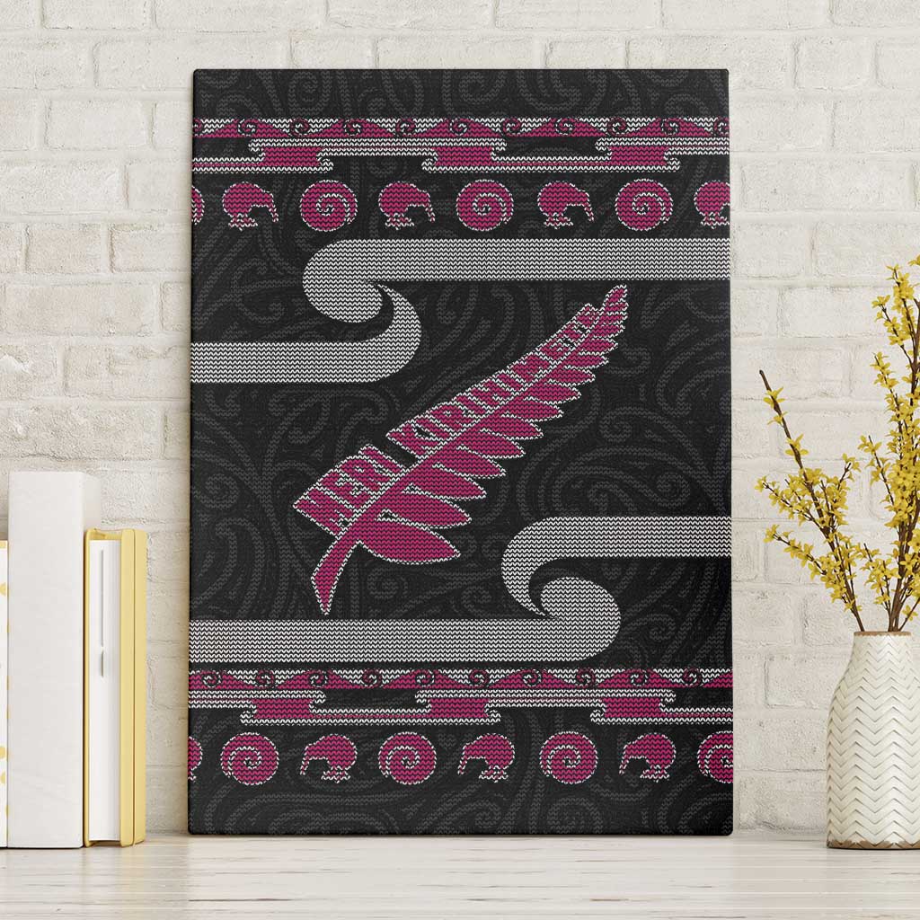 New Zealand Christmas Canvas Wall Art Meri Kirihimete Silver Fern Knit Style Pink Color LT03 Without Frame Pink - Polynesian Pride