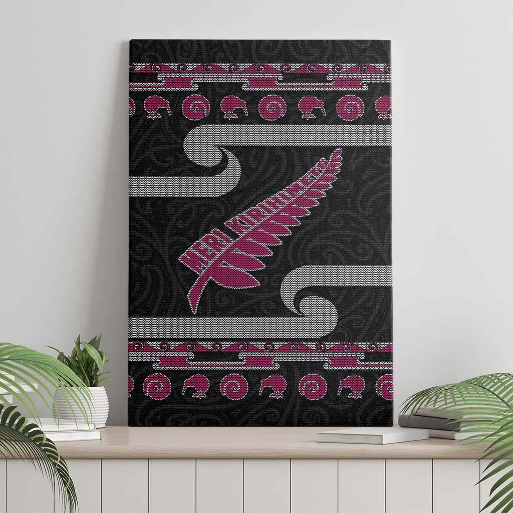 New Zealand Christmas Canvas Wall Art Meri Kirihimete Silver Fern Knit Style Pink Color LT03 - Polynesian Pride