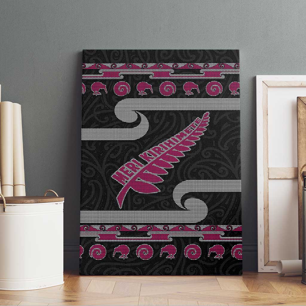 New Zealand Christmas Canvas Wall Art Meri Kirihimete Silver Fern Knit Style Pink Color LT03 - Polynesian Pride