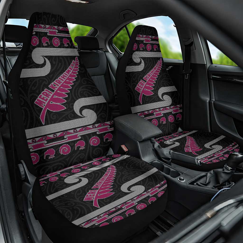 New Zealand Christmas Car Seat Cover Meri Kirihimete Silver Fern Knit Style Pink Color LT03 One Size Pink - Polynesian Pride