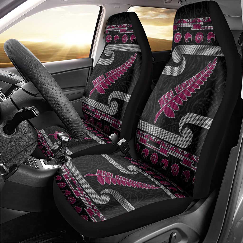 New Zealand Christmas Car Seat Cover Meri Kirihimete Silver Fern Knit Style Pink Color LT03 - Polynesian Pride