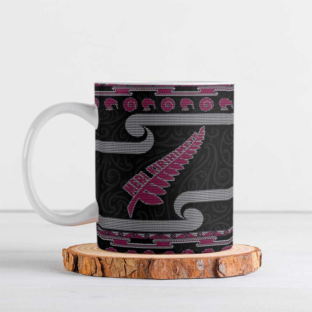 New Zealand Christmas Ceramic Mug Meri Kirihimete Silver Fern Knit Style Pink Color - Polynesian Pride