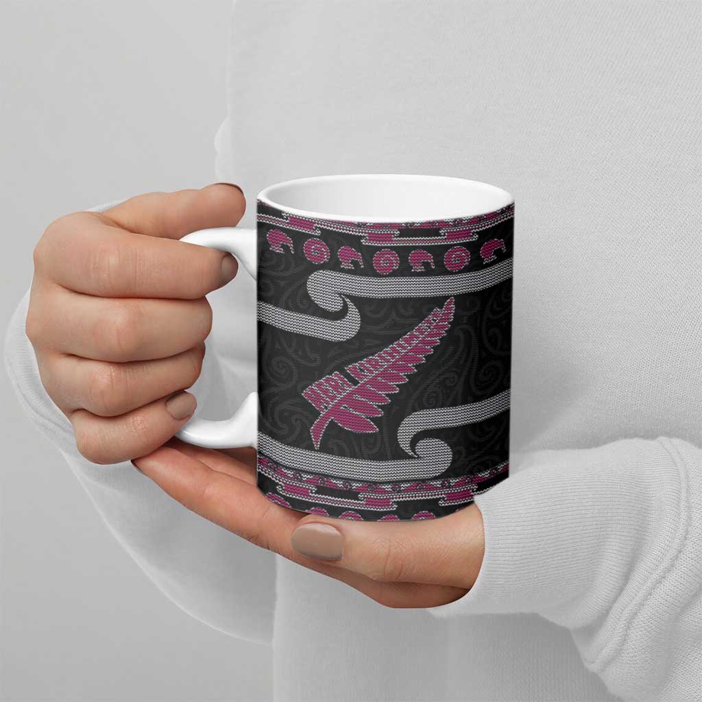 New Zealand Christmas Ceramic Mug Meri Kirihimete Silver Fern Knit Style Pink Color - Polynesian Pride