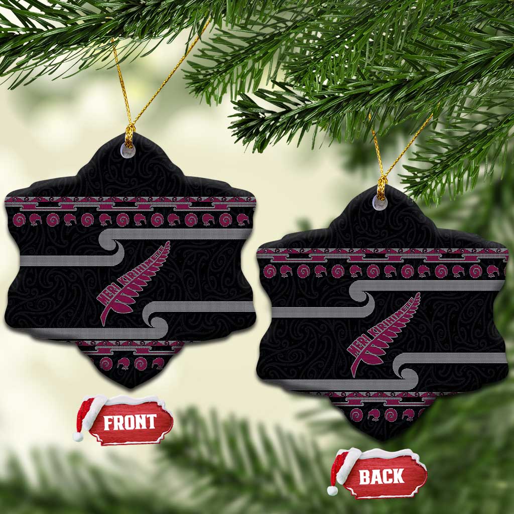 New Zealand Christmas Ceramic Ornament Meri Kirihimete Silver Fern Knit Style Pink Color - Polynesian Pride