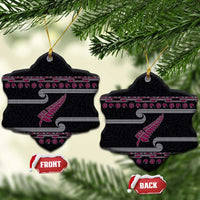 New Zealand Christmas Ceramic Ornament Meri Kirihimete Silver Fern Knit Style Pink Color - Polynesian Pride