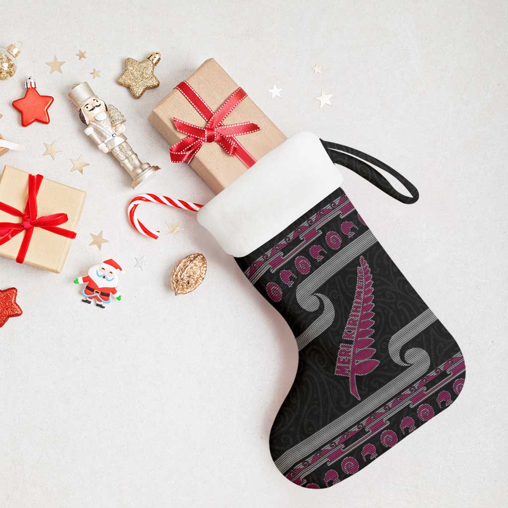 New Zealand Christmas Stocking Meri Kirihimete Silver Fern Knit Style Pink Color - Polynesian Pride