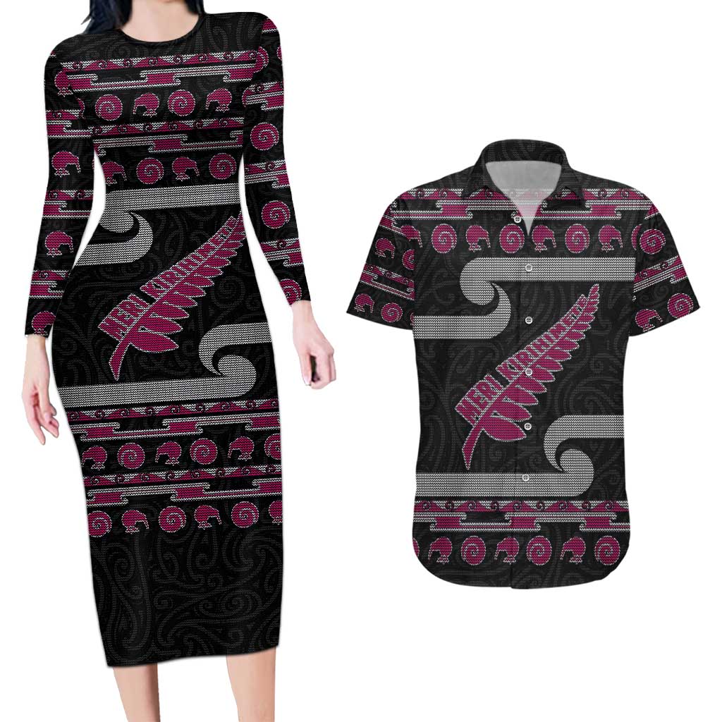 New Zealand Christmas Couples Matching Long Sleeve Bodycon Dress and Hawaiian Shirt Meri Kirihimete Silver Fern Knit Style Pink Color - Polynesian Pride