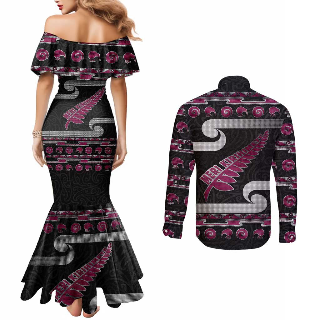 New Zealand Christmas Couples Matching Mermaid Dress and Long Sleeve Button Shirt Meri Kirihimete Silver Fern Knit Style Pink Color - Polynesian Pride