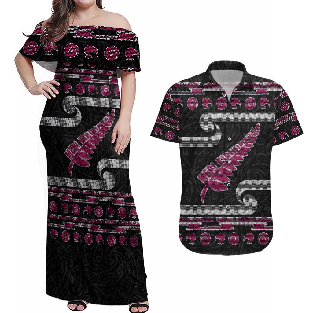 New Zealand Christmas Couples Matching Off Shoulder Maxi Dress and Hawaiian Shirt Meri Kirihimete Silver Fern Knit Style Pink Color LT03 Pink - Polynesian Pride