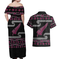 New Zealand Christmas Couples Matching Off Shoulder Maxi Dress and Hawaiian Shirt Meri Kirihimete Silver Fern Knit Style Pink Color LT03 - Polynesian Pride