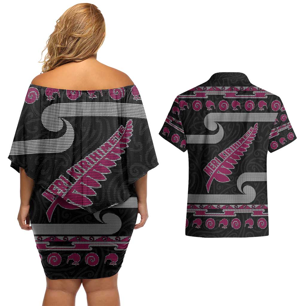 New Zealand Christmas Couples Matching Off Shoulder Short Dress and Hawaiian Shirt Meri Kirihimete Silver Fern Knit Style Pink Color LT03 - Polynesian Pride