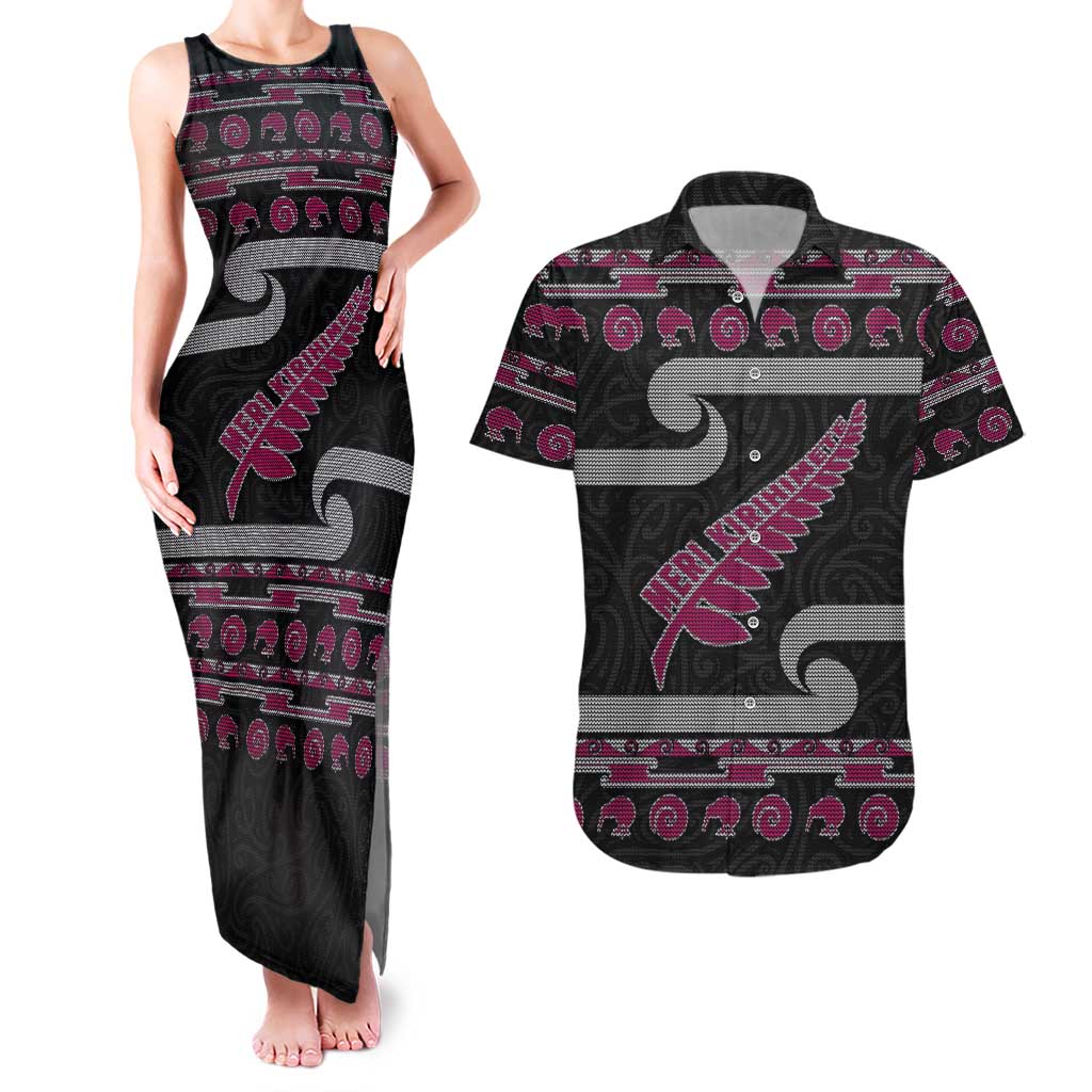 New Zealand Christmas Couples Matching Tank Maxi Dress and Hawaiian Shirt Meri Kirihimete Silver Fern Knit Style Pink Color - Polynesian Pride