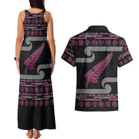 New Zealand Christmas Couples Matching Tank Maxi Dress and Hawaiian Shirt Meri Kirihimete Silver Fern Knit Style Pink Color - Polynesian Pride