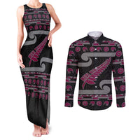 New Zealand Christmas Couples Matching Tank Maxi Dress and Long Sleeve Button Shirt Meri Kirihimete Silver Fern Knit Style Pink Color - Polynesian Pride