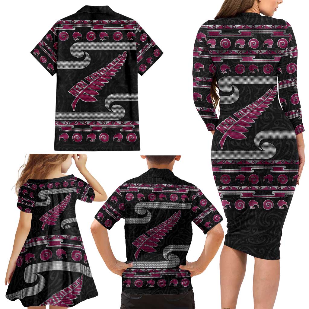 New Zealand Christmas Family Matching Long Sleeve Bodycon Dress and Hawaiian Shirt Meri Kirihimete Silver Fern Knit Style Pink Color LT03 - Polynesian Pride