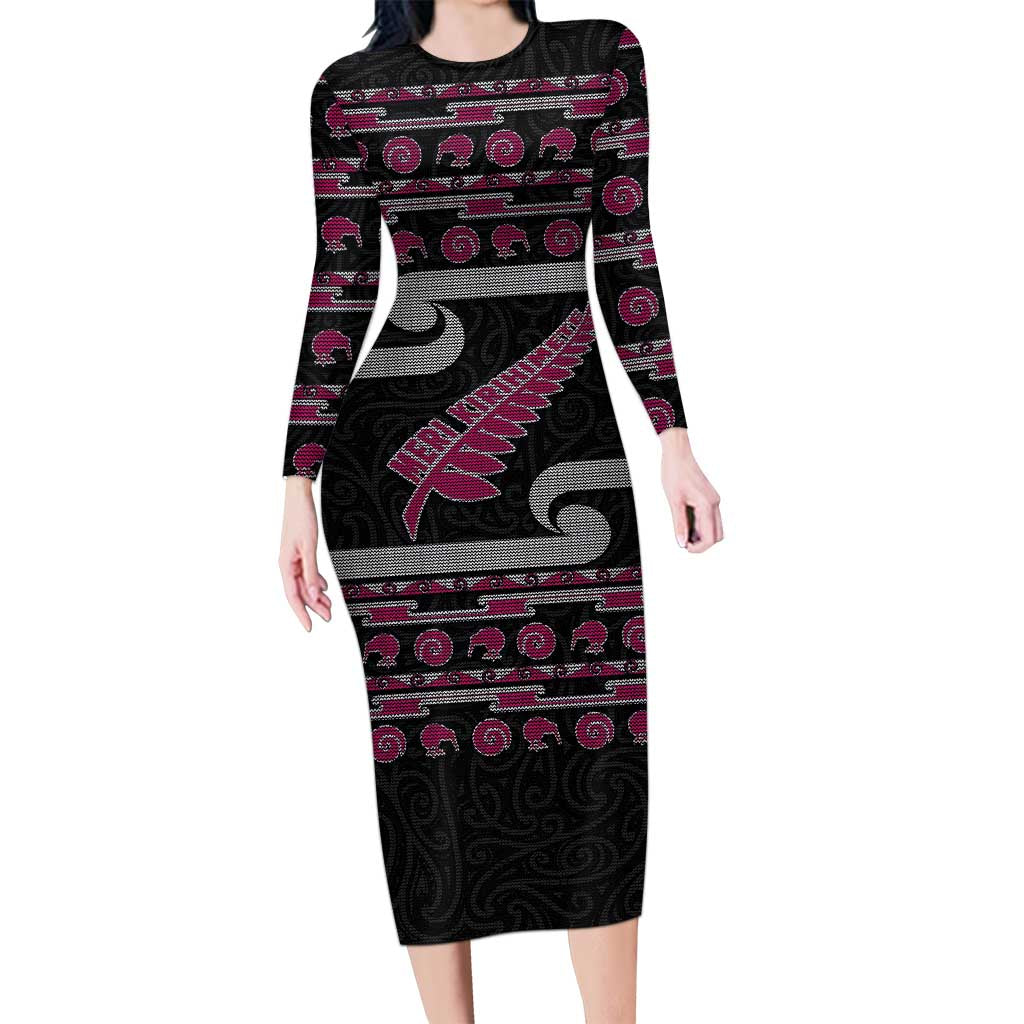 New Zealand Christmas Family Matching Long Sleeve Bodycon Dress and Hawaiian Shirt Meri Kirihimete Silver Fern Knit Style Pink Color LT03 Mom's Dress Pink - Polynesian Pride