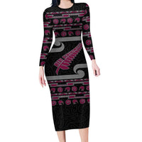 New Zealand Christmas Family Matching Long Sleeve Bodycon Dress and Hawaiian Shirt Meri Kirihimete Silver Fern Knit Style Pink Color LT03 Mom's Dress Pink - Polynesian Pride