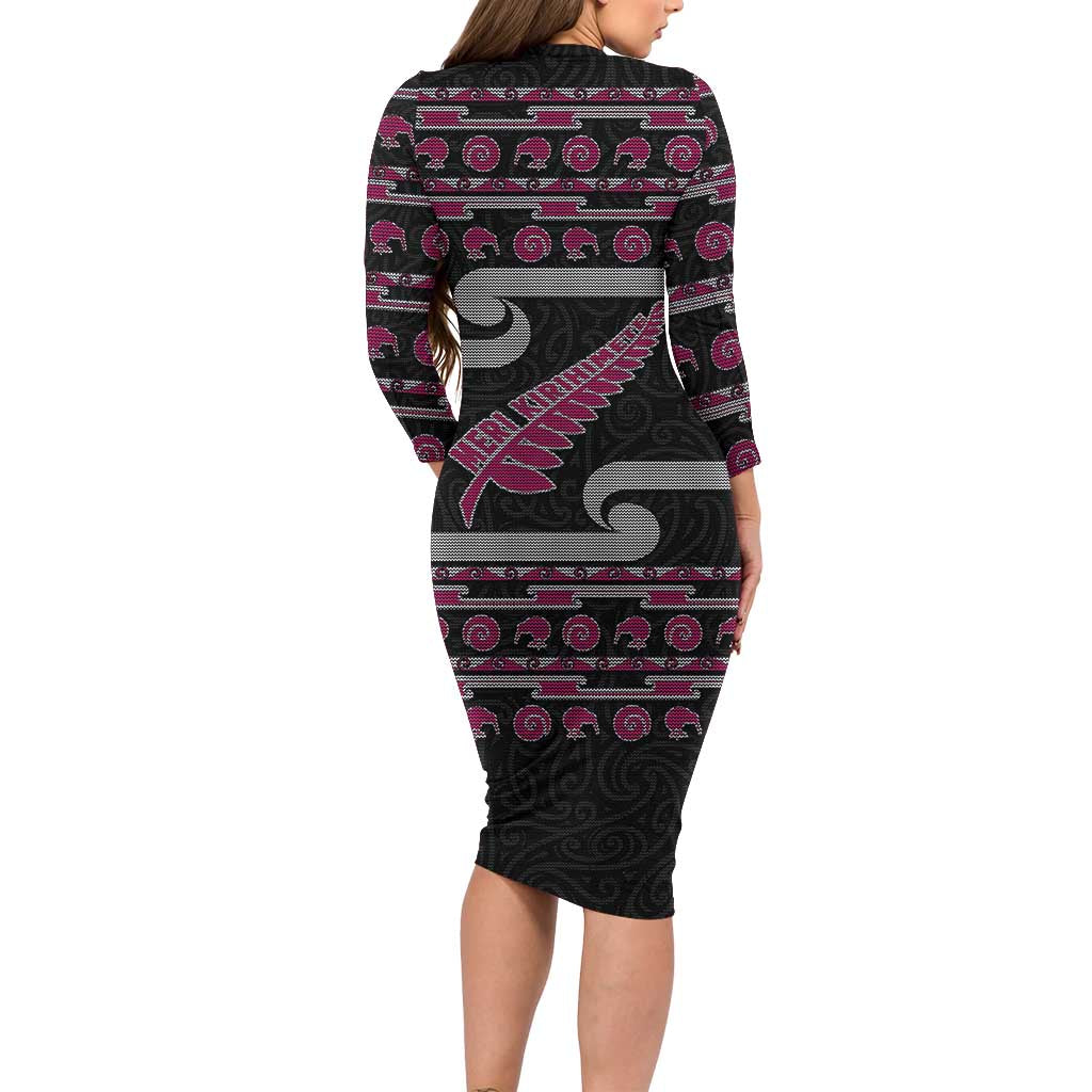 New Zealand Christmas Family Matching Long Sleeve Bodycon Dress and Hawaiian Shirt Meri Kirihimete Silver Fern Knit Style Pink Color LT03 - Polynesian Pride