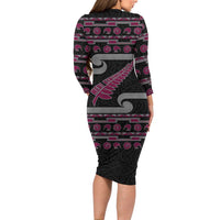 New Zealand Christmas Family Matching Long Sleeve Bodycon Dress and Hawaiian Shirt Meri Kirihimete Silver Fern Knit Style Pink Color LT03 - Polynesian Pride