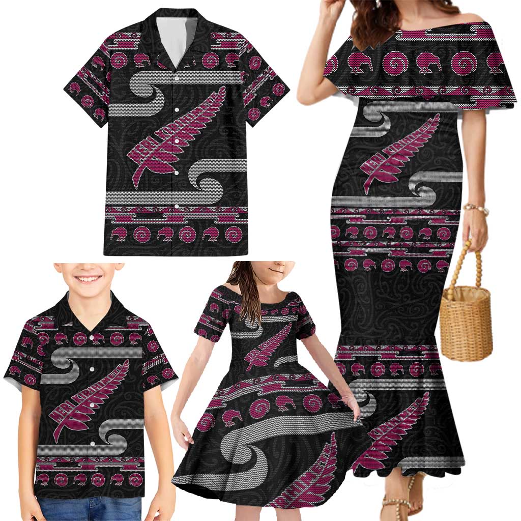 New Zealand Christmas Family Matching Mermaid Dress and Hawaiian Shirt Meri Kirihimete Silver Fern Knit Style Pink Color LT03 - Polynesian Pride