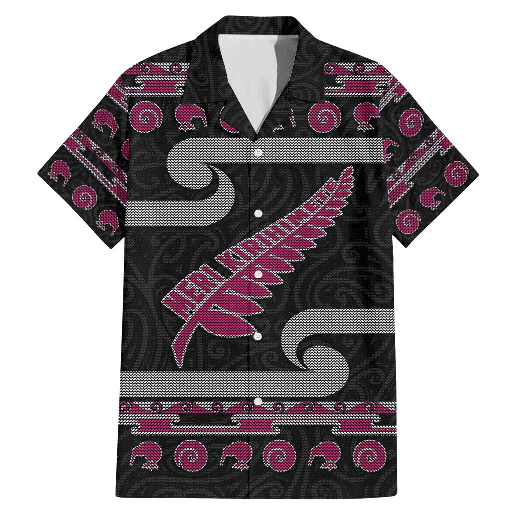New Zealand Christmas Family Matching Mermaid Dress and Hawaiian Shirt Meri Kirihimete Silver Fern Knit Style Pink Color LT03 Dad's Shirt - Short Sleeve Pink - Polynesian Pride