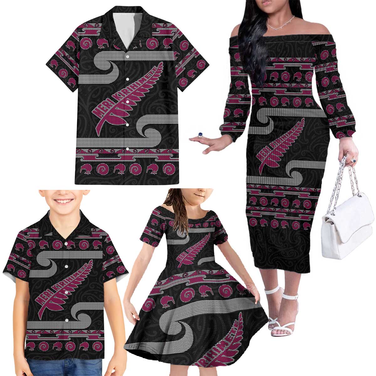 New Zealand Christmas Family Matching Off The Shoulder Long Sleeve Dress and Hawaiian Shirt Meri Kirihimete Silver Fern Knit Style Pink Color - Polynesian Pride
