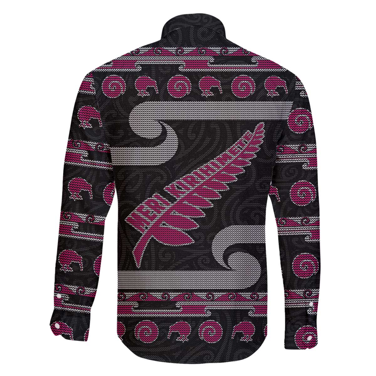 New Zealand Christmas Family Matching Off The Shoulder Long Sleeve Dress and Hawaiian Shirt Meri Kirihimete Silver Fern Knit Style Pink Color - Polynesian Pride