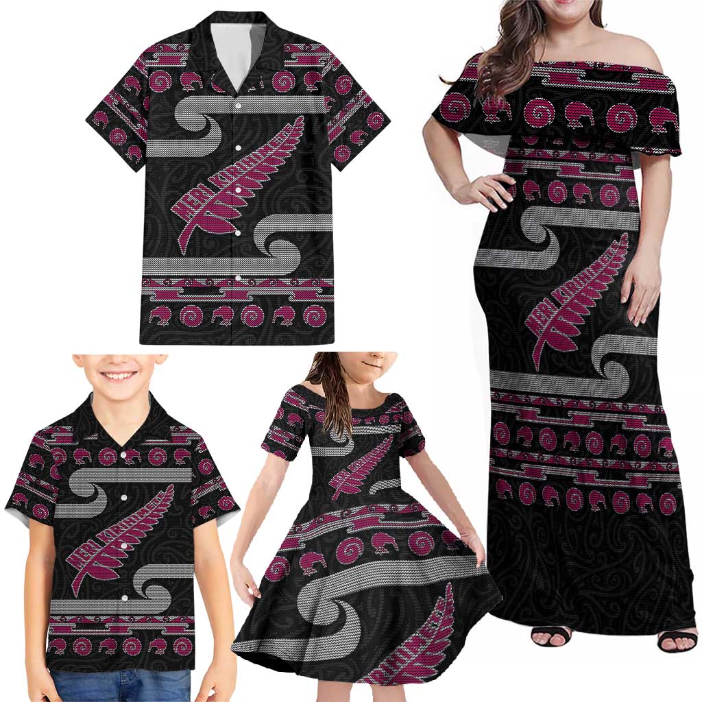 New Zealand Christmas Family Matching Off Shoulder Maxi Dress and Hawaiian Shirt Meri Kirihimete Silver Fern Knit Style Pink Color LT03 - Polynesian Pride