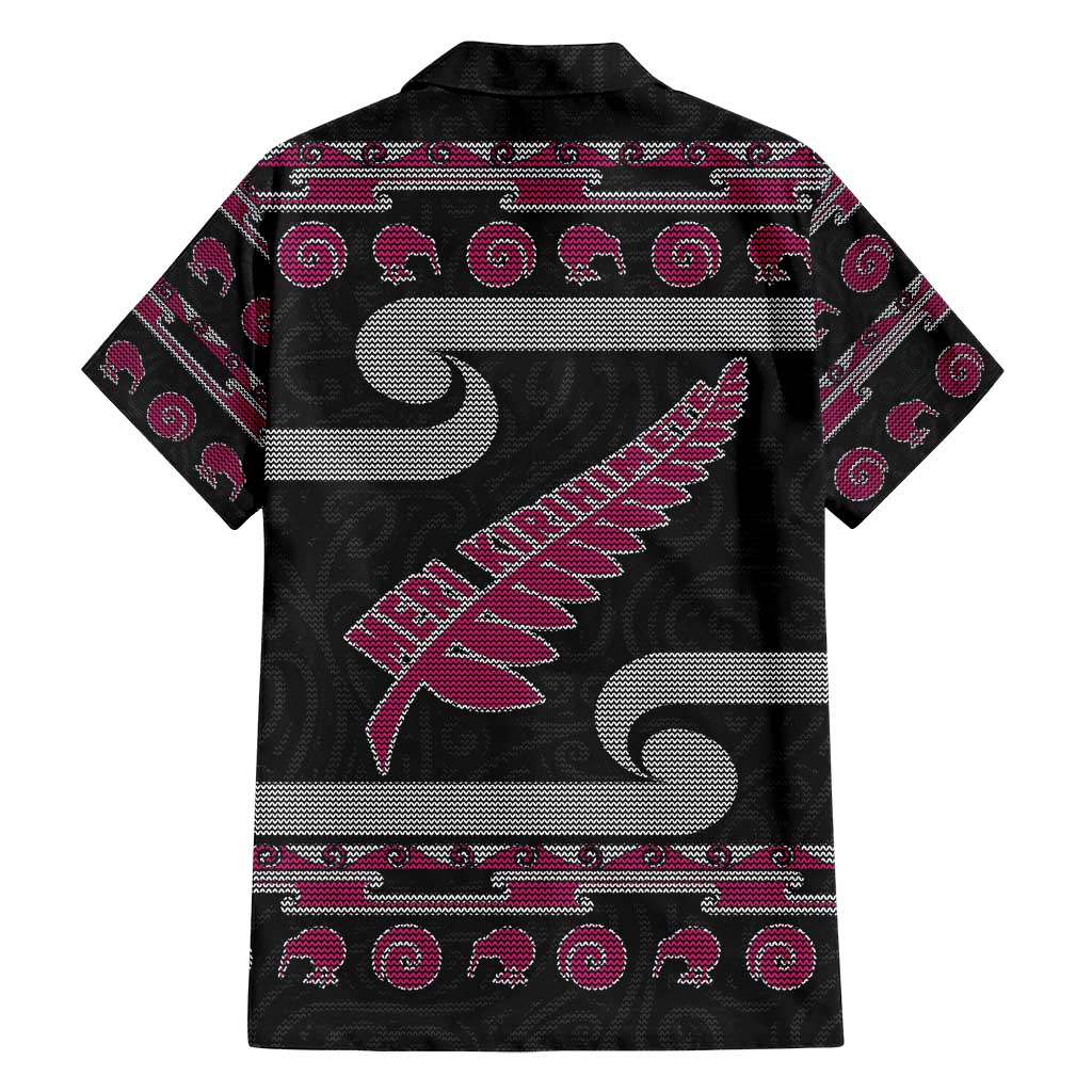 New Zealand Christmas Family Matching Off Shoulder Maxi Dress and Hawaiian Shirt Meri Kirihimete Silver Fern Knit Style Pink Color LT03 - Polynesian Pride