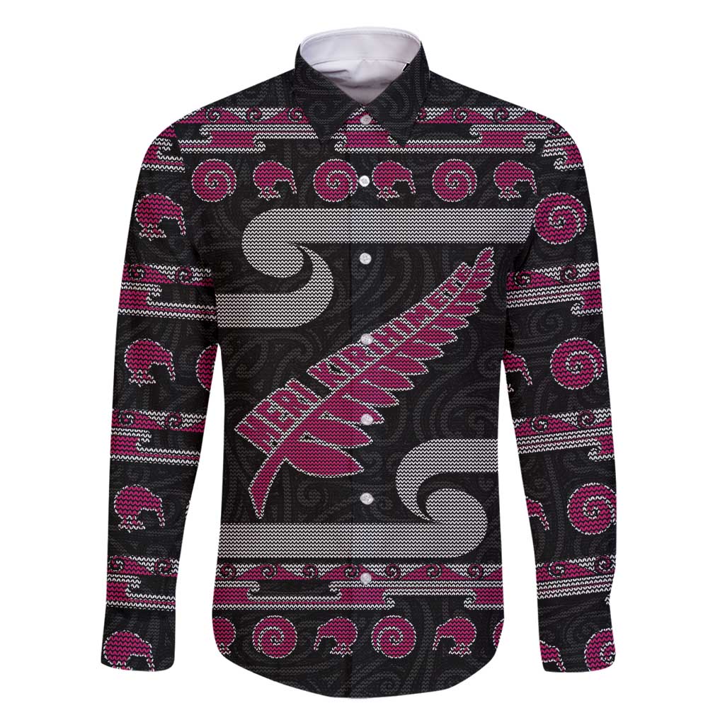 New Zealand Christmas Family Matching Off Shoulder Maxi Dress and Hawaiian Shirt Meri Kirihimete Silver Fern Knit Style Pink Color LT03 Dad's Shirt - Long Sleeve Pink - Polynesian Pride