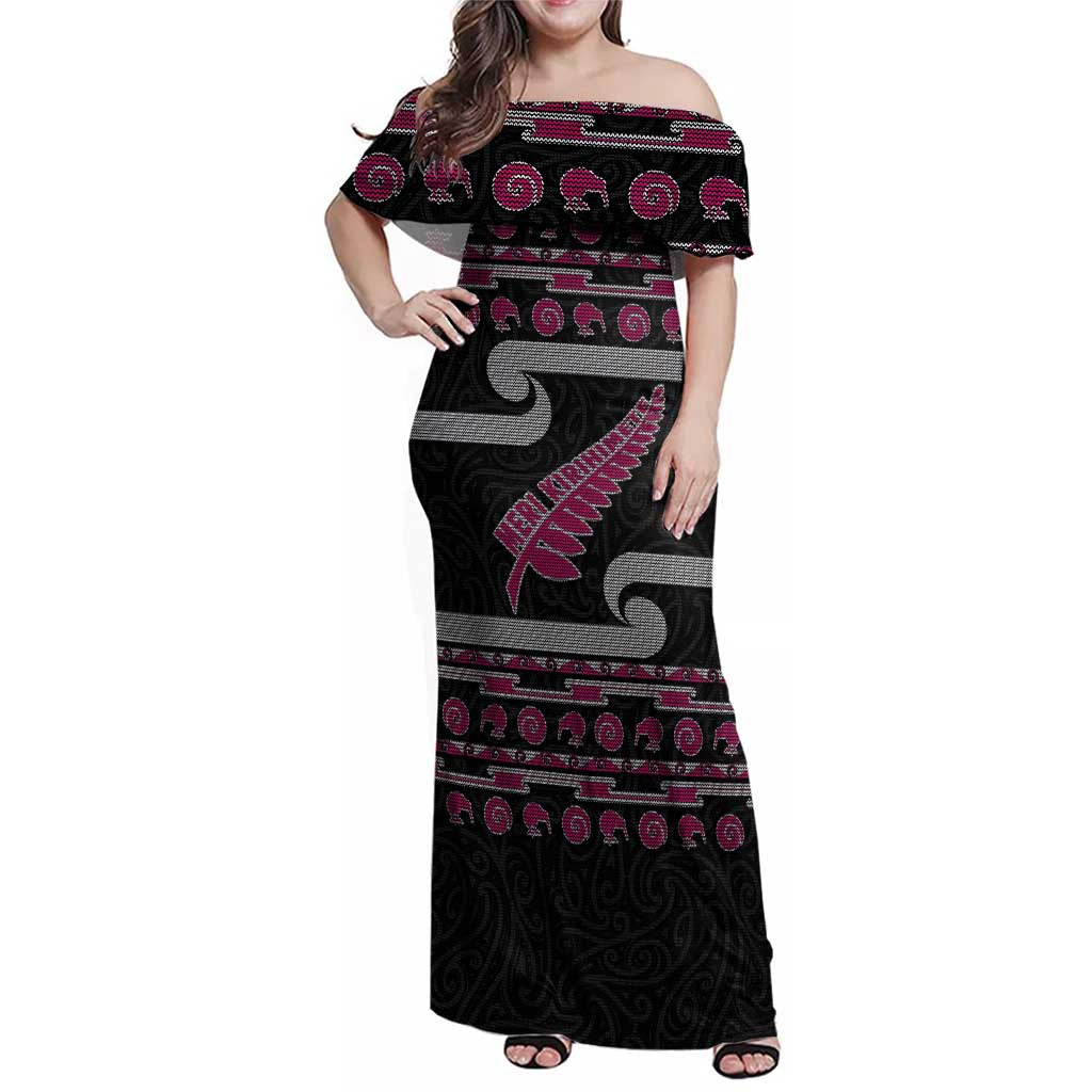 New Zealand Christmas Family Matching Off Shoulder Maxi Dress and Hawaiian Shirt Meri Kirihimete Silver Fern Knit Style Pink Color LT03 Mom's Dress Pink - Polynesian Pride