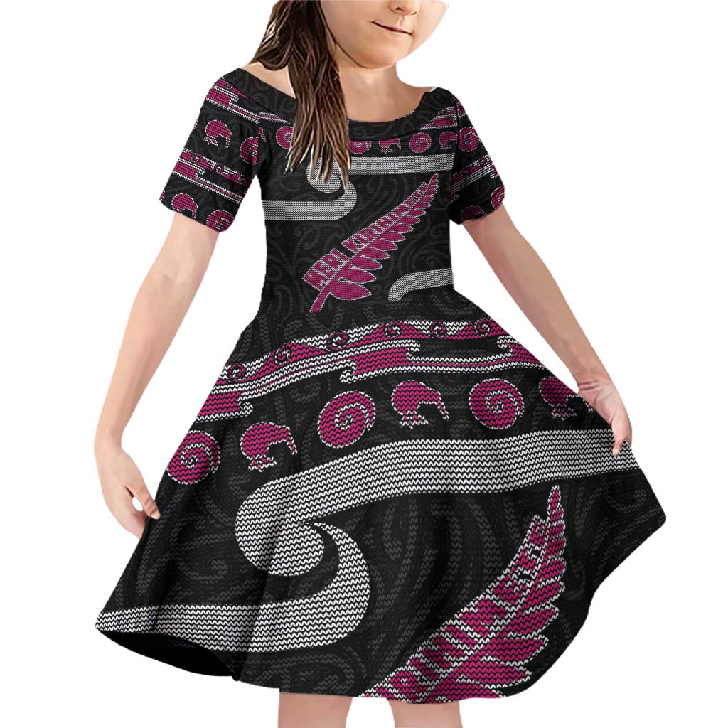 New Zealand Christmas Family Matching Off Shoulder Short Dress and Hawaiian Shirt Meri Kirihimete Silver Fern Knit Style Pink Color LT03 Daughter's Dress Pink - Polynesian Pride