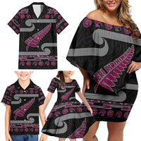 New Zealand Christmas Family Matching Off Shoulder Short Dress and Hawaiian Shirt Meri Kirihimete Silver Fern Knit Style Pink Color LT03 - Polynesian Pride