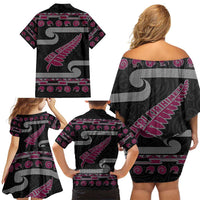 New Zealand Christmas Family Matching Off Shoulder Short Dress and Hawaiian Shirt Meri Kirihimete Silver Fern Knit Style Pink Color LT03 - Polynesian Pride