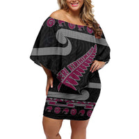 New Zealand Christmas Family Matching Off Shoulder Short Dress and Hawaiian Shirt Meri Kirihimete Silver Fern Knit Style Pink Color LT03 Mom's Dress Pink - Polynesian Pride