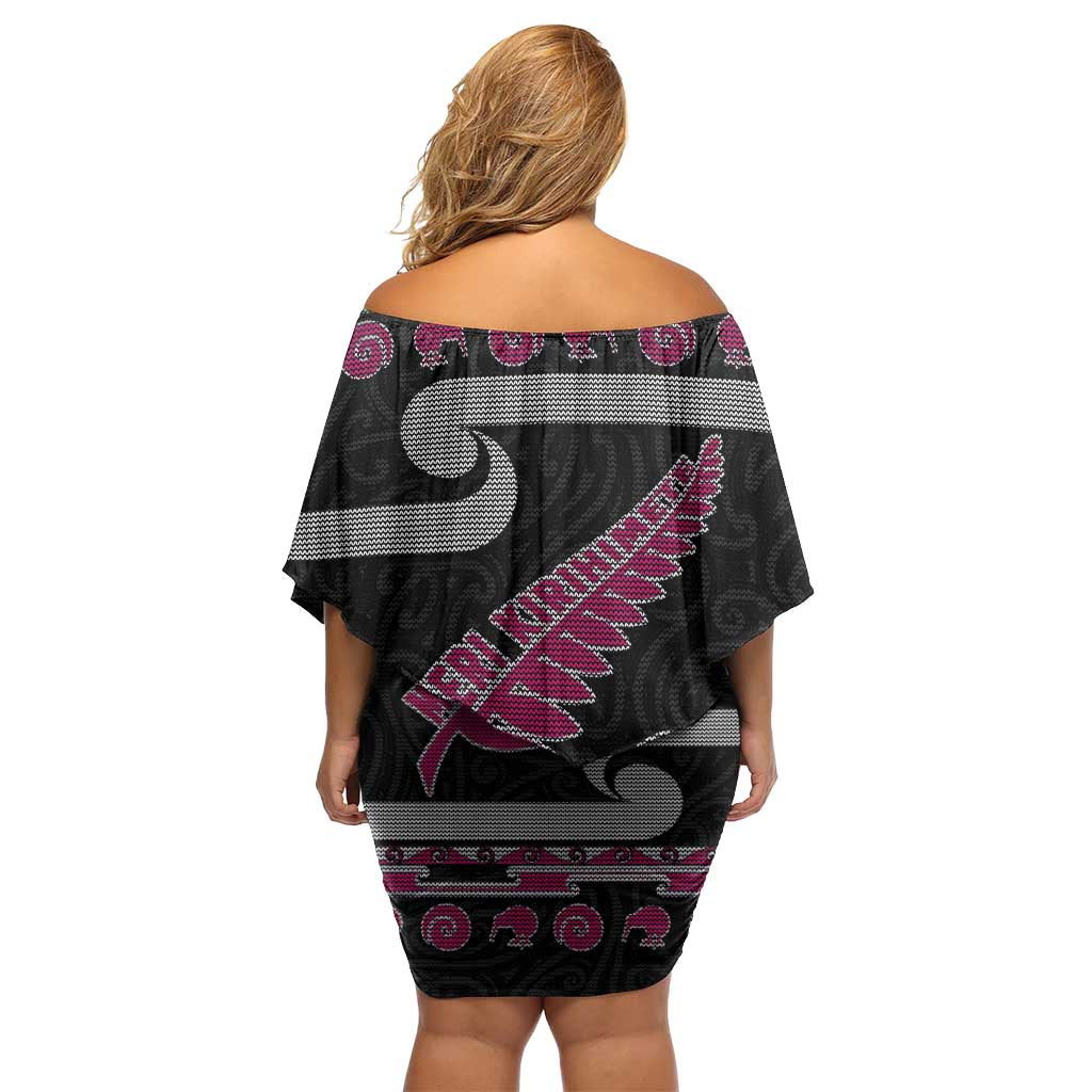 New Zealand Christmas Family Matching Off Shoulder Short Dress and Hawaiian Shirt Meri Kirihimete Silver Fern Knit Style Pink Color LT03 - Polynesian Pride