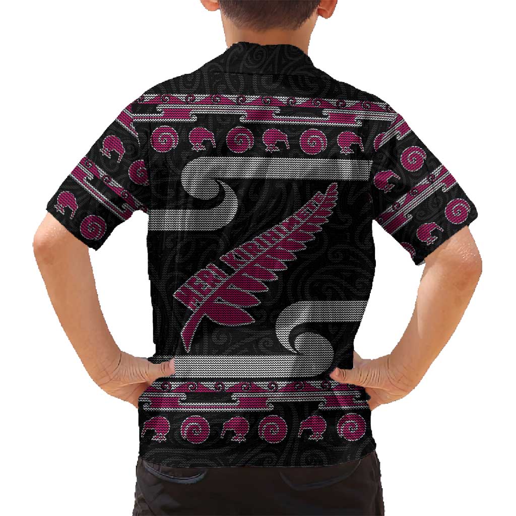 New Zealand Christmas Family Matching Puletasi and Hawaiian Shirt Meri Kirihimete Silver Fern Knit Style Pink Color - Polynesian Pride